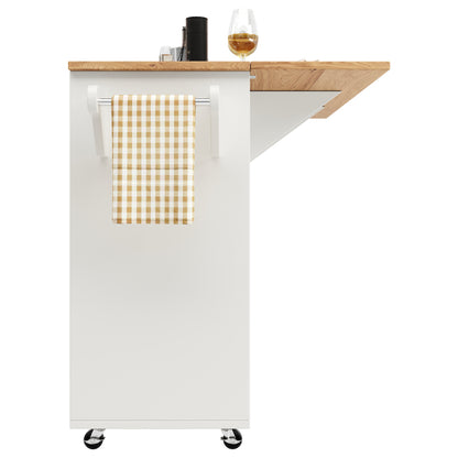 Kücheninsel mit herausnehmbaren Trennwänden, Küchenschrank, Esszimmerwagen mit Arbeitsplatte, Buffetschrank, Esszimmerwagen mit Holzmaserung, seitlicher Handtuchhalter mit Flaschenhalter, weiß