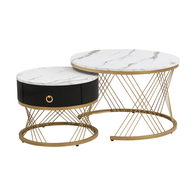 Eleganter zusammensetzbarer Couchtisch: Marmoroptik, Golddekor, Beistelltisch mit Schubladen – 2er-Set