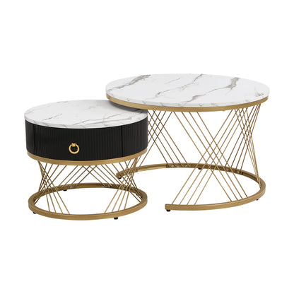Eleganter zusammensetzbarer Couchtisch: Marmoroptik, Golddekor, Beistelltisch mit Schubladen – 2er-Set