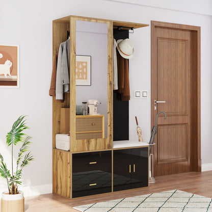 Elegantes Kleiderschrank Set in Schwarz und Holzfarbe mit Spiegel, Schuhschrank, Schuhbank mit Haken und ausziehbaren Kleiderbügeln.