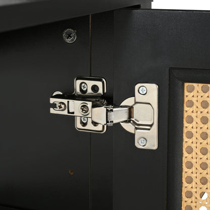 Modernes Sideboard im minimalistischen Stil 4-Rattantür, Metallgriff einfaches Buffetschrank für Esszimmer, Wohnzimmer, Küche (Schwarz)