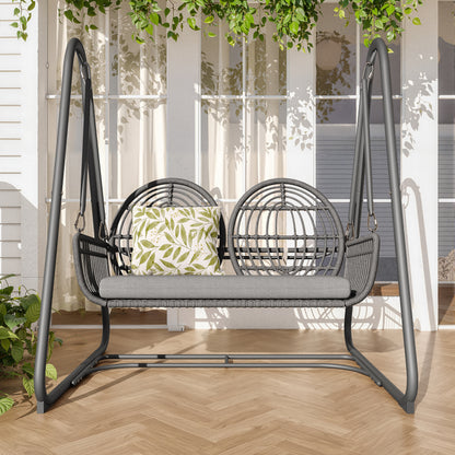 Gartenschaukel, Hollywoodschaukel mit Rückenlehne, Gartenmöbel-Set für den Außenbereich,Doppelschaukel aus PE-Rattan, 2 Sitze, Dunkelgrauer Sitzrahmen und Kissen
