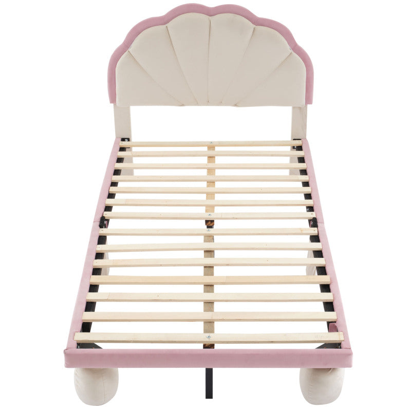 Polsterbett mit mehrfarbigen, wechselnden LED Lichtstreifen, Kopfteil mit Wellenschliff, mit gepolsterter runden Beine, Kinderbett mit Holzlatten, Einzelbett, Samt, Beige+Rosa, 90x200cm