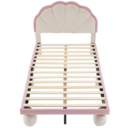 Polsterbett mit mehrfarbigen, wechselnden LED Lichtstreifen, Kopfteil mit Wellenschliff, mit gepolsterter runden Beine, Kinderbett mit Holzlatten, Einzelbett, Samt, Beige+Rosa, 90x200cm