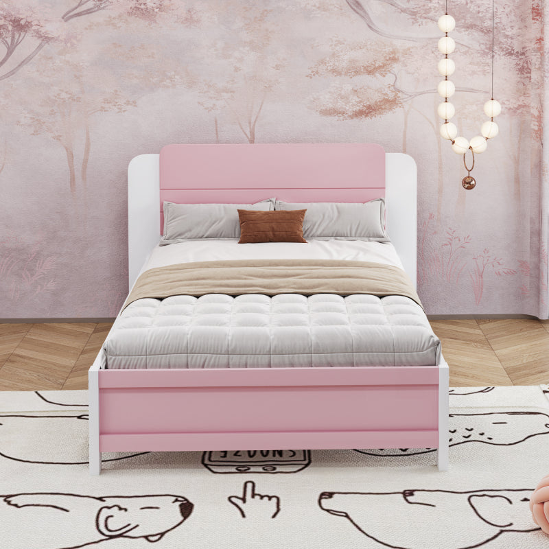 Holzbett 90*200 cm , Einzigartige und Minimalistische Form, Kopfteil mit Liniendesign, Kindereinzelbett, Rosa