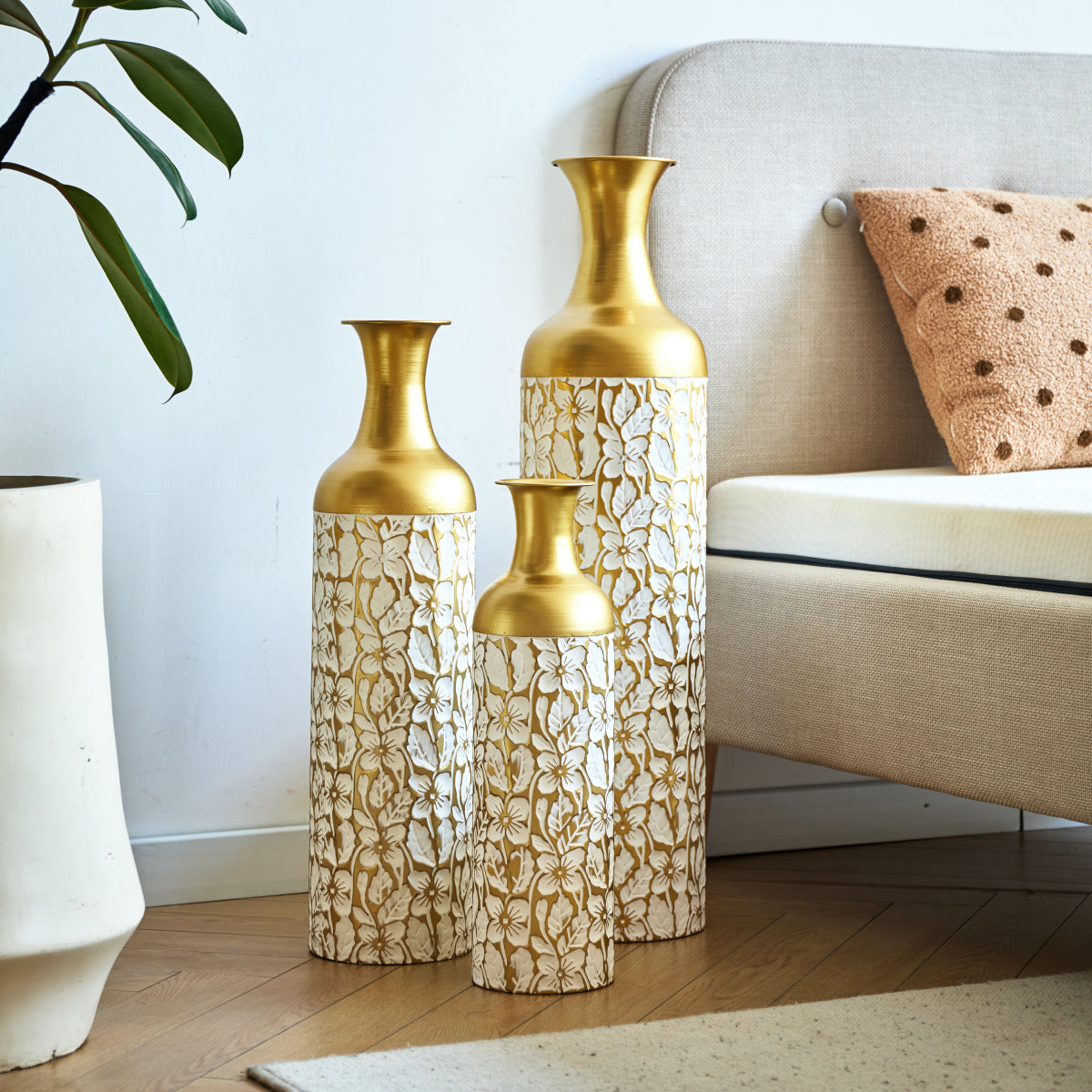 3er Set Bodenvase Metall, Weiß-Gold, Retro Stil, 83/65/50 cm hoch