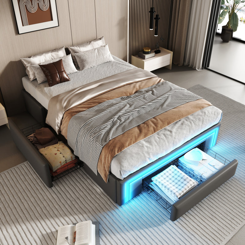 Bettgestell 180X200 mit Schubladen, PU-Leder Bett ohne Kopfteil Mit LED-Lichtleiste, MetalllattenPlattformbett für moderne Schlafzimmer Beige