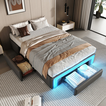 Bettgestell 180X200 mit Schubladen, PU-Leder Bett ohne Kopfteil Mit LED-Lichtleiste, MetalllattenPlattformbett für moderne Schlafzimmer Beige