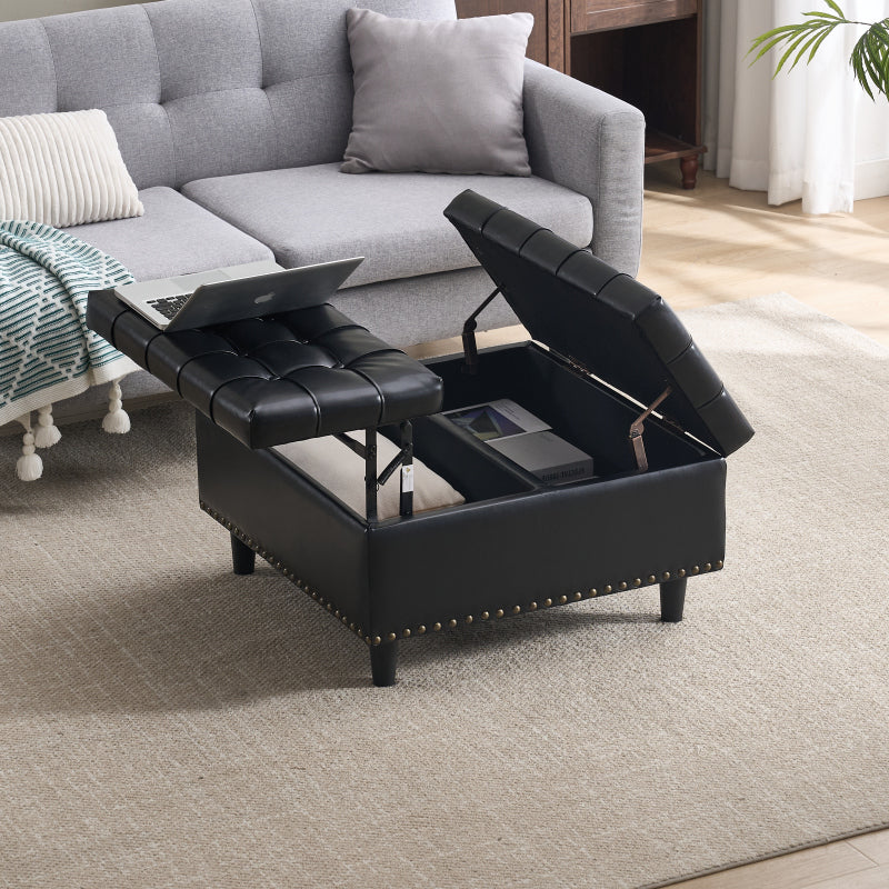 Großer quadratischer Aufbewahrungsstuhl, anhebbare Bank mit Stauraum, geeignet für Wohnzimmer Schlafzimmer Arbeitszimmer gepolsterte Aufbewahrungsbox(Black PU)