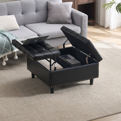 Großer quadratischer Aufbewahrungsstuhl, anhebbare Bank mit Stauraum, geeignet für Wohnzimmer Schlafzimmer Arbeitszimmer gepolsterte Aufbewahrungsbox(Black PU)