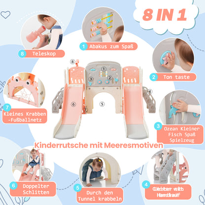 Kinderspielplatz-Set 8-in-1, Freistehendes Meerestier-Motiv-Set mit Rutsche, Bogentunnel, Basketballkorb und Teleskop, Doppelte Rutschen für Kleinkinder, Klettergerüst für Kinder