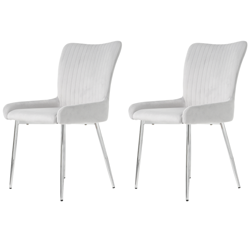 Samt-Esszimmerstuhl, 2er-Set, luxuriös, Wohnzimmer, Schlafzimmer, Lounge-Stuhl mit vier Silberne Metallstützbeinen, Lendenwirbelstütze,Grau