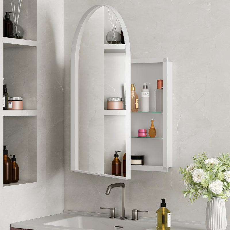 Stylish Arched Mirror Cabinet, Recessed Medicine Cabinet, Wall Cabinet with Metal Framed, Mirror and Adjustable Shelves, Mirror Cabinet with Storage for Bathroom, Living Room and Bedroom, White