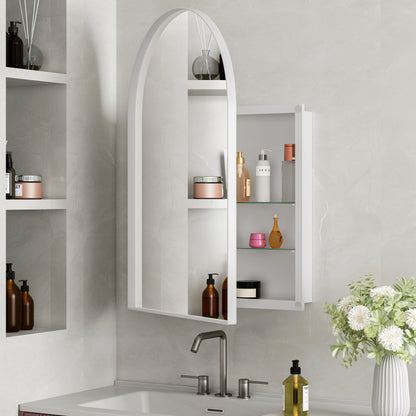 Stylish Arched Mirror Cabinet, Recessed Medicine Cabinet, Wall Cabinet with Metal Framed, Mirror and Adjustable Shelves, Mirror Cabinet with Storage for Bathroom, Living Room and Bedroom, White