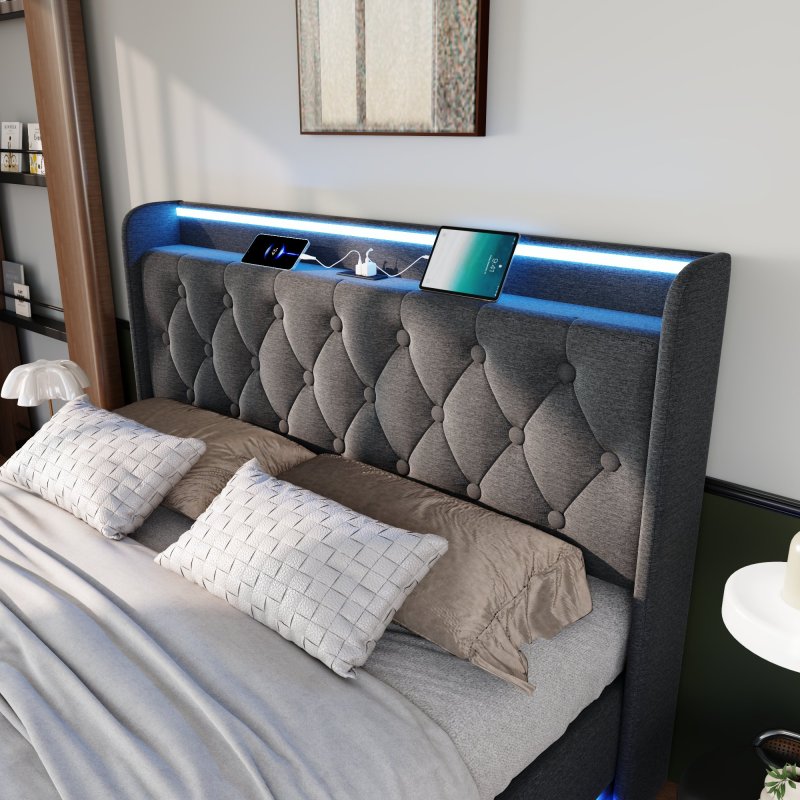 Polsterbett Doppelbett, 360-Surround-LED-Funktion, Drucktaste/App/Fernbedienung,160*200 cm,Grau Leinen-Material Hydraulisches Lagerbett, gepolstertes Kopfteil mit USB Typ-C Ladefunktion(Mit Matratze)