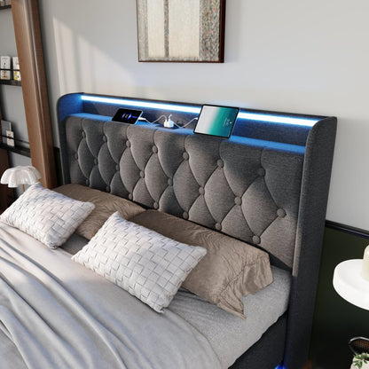Polsterbett Doppelbett, 360-Surround-LED-Funktion, Drucktaste/App/Fernbedienung,160*200 cm,Grau Leinen-Material Hydraulisches Lagerbett, gepolstertes Kopfteil mit USB Typ-C Ladefunktion(Mit Matratze)
