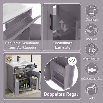 Bodenstehender Badezimmerschrank mit Waschbecken,Waschtisch,Volllackierung, integriertes Keramik Waschbecken,Grau