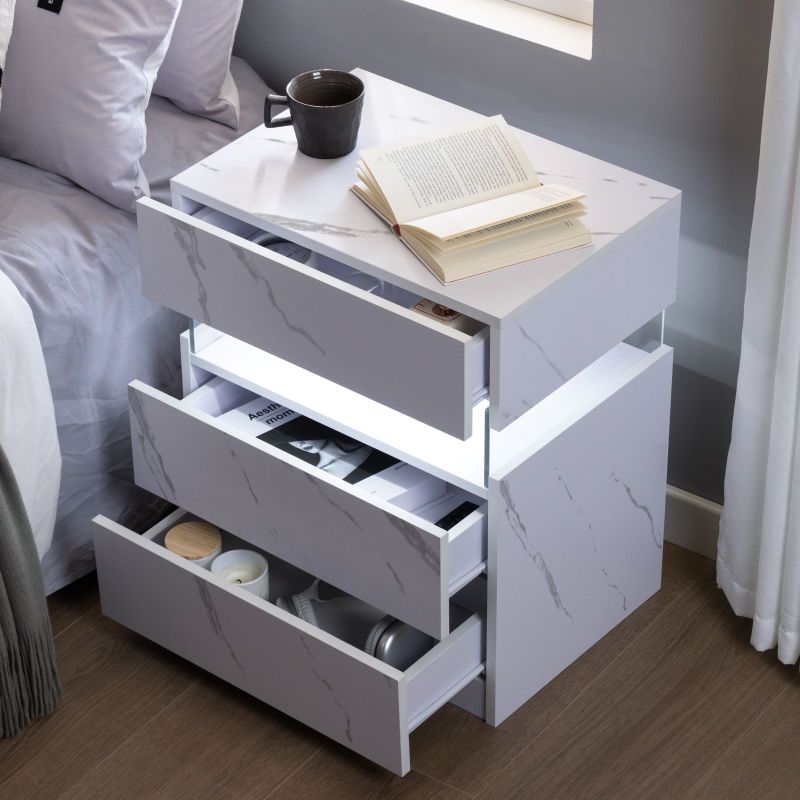 LED Nightstands 3 Drawer Dresser for Bedroom End Table with Acrylic Board LED Bedside Tables for Bedroom Living Room Bedside Furniture (White Stone)