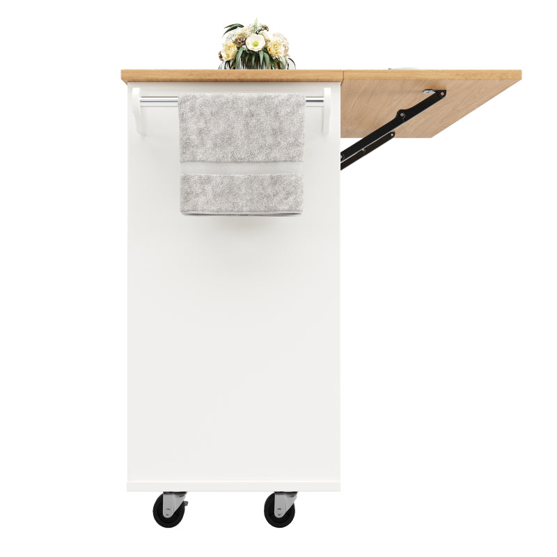 Kücheninsel mit herausnehmbaren Trennwänden, Küchenschrank, Esszimmerwagen mit Arbeitsplatte, Buffetschrank, Esszimmerwagen mit Holzmaserung, ausgestattet mit Snackhalter und Weinglasregal, weiß