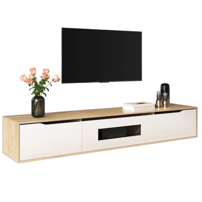 TV-Schrank, Hochglanz-TV-Schrank, farblich passend zu Hochglanz-Weiß und Holzfarbe, mit farbwechselndem LED-Licht.