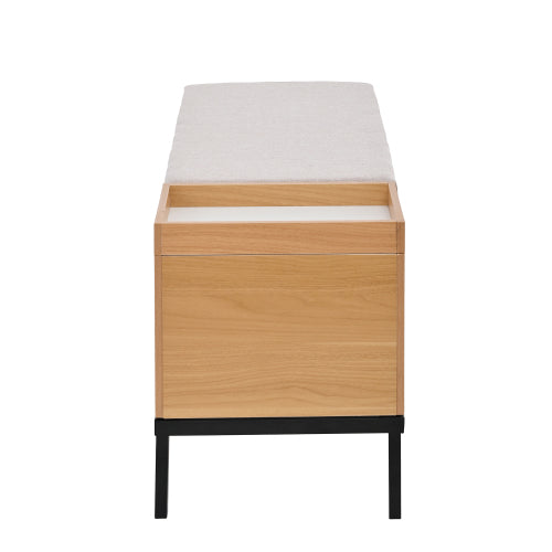 Sitzbank mit Stauraum 115 cm, Gepolsterte Truhenbank Holzoptik Natur, Stoffbezug Hellgrau, Flurbank