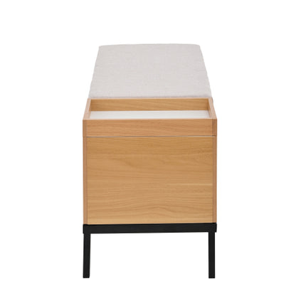 Sitzbank mit Stauraum 115 cm, Gepolsterte Truhenbank Holzoptik Natur, Stoffbezug Hellgrau, Flurbank