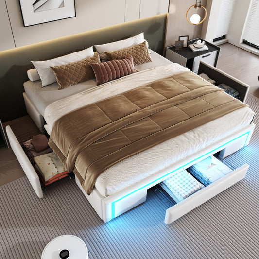 Bettgestell 180X200 mit Schubladen, PU-Leder Bett ohne Kopfteil Mit LED-Lichtleiste, MetalllattenPlattformbett für moderne Schlafzimmer Beige