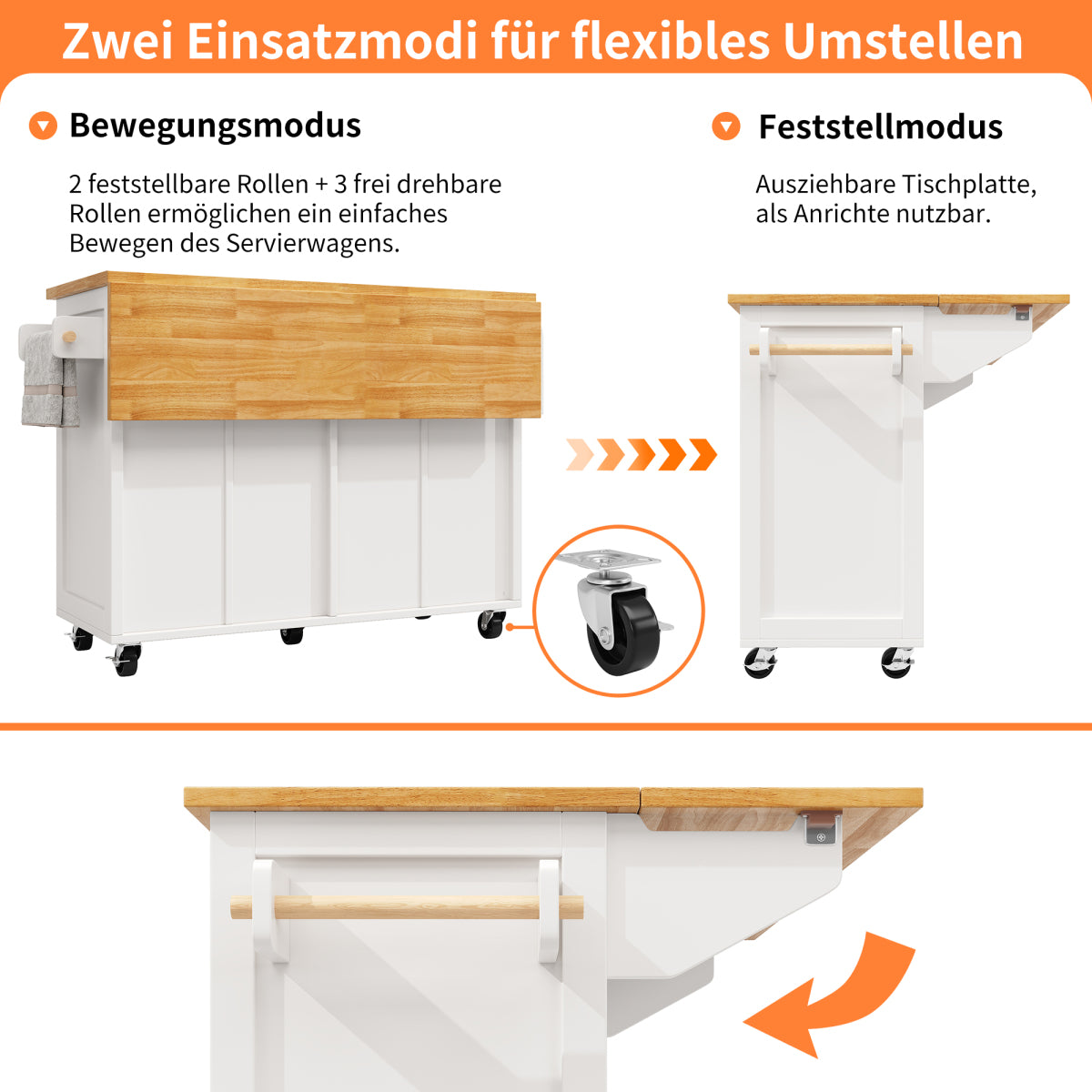 Kücheninsel mit Rollen & Glastüren, klappbare Arbeitsplatte, mobiler Servierwagen mit Schublade & Regal, Küchenwagen Weiß & Holzoptik