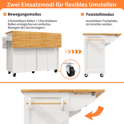 Kücheninsel mit Rollen & Glastüren, klappbare Arbeitsplatte, mobiler Servierwagen mit Schublade & Regal, Küchenwagen Weiß & Holzoptik