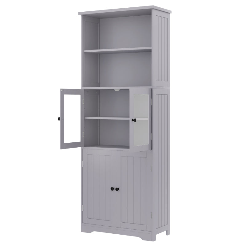 57.5 x 28.5 x 160cm Badezimmer-Hochschrank mit Stauraum, feuchtigkeitsbeständige Farbe, Glasschranktür, Holzschranktür, zwei offene Ablagefächer, verstellbare Trennwände, einfache Textur, Grau