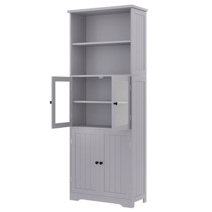 57.5 x 28.5 x 160cm Badezimmer-Hochschrank mit Stauraum, feuchtigkeitsbeständige Farbe, Glasschranktür, Holzschranktür, zwei offene Ablagefächer, verstellbare Trennwände, einfache Textur, Grau