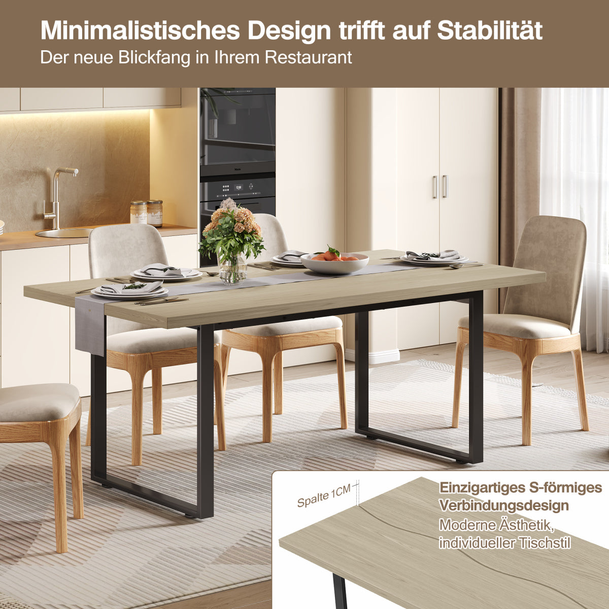 Esstisch 160x80 cm (6-8 Personen), Küchentisch Modern, S-Form Metallgestell, 4 cm Tischplatte, Verstellbare Füße