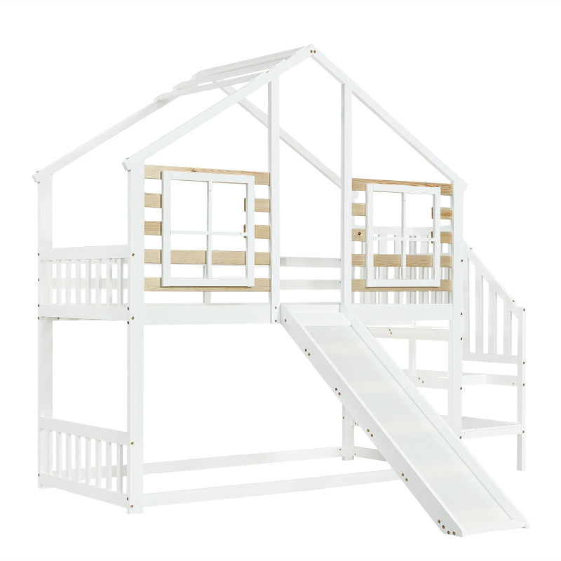 Etagenbett, Holzbett mit Treppe und Gitter, mit Rutsche und Fenster, Blockhaus Kinderbett mit Absturzsicherung, Bettrahmen aus Massivholz, Weiß(90x200 cm)