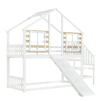Etagenbett, Holzbett mit Treppe und Gitter, mit Rutsche und Fenster, Blockhaus Kinderbett mit Absturzsicherung, Bettrahmen aus Massivholz, Weiß(90x200 cm)