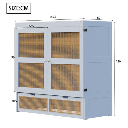 Schrankbett 140 x 200 cm, Wandbett mit Lattenrost, Wandklappbett, Rattan-Design, Holzbetten, Jugendbetten, Einzelbetten, Grau