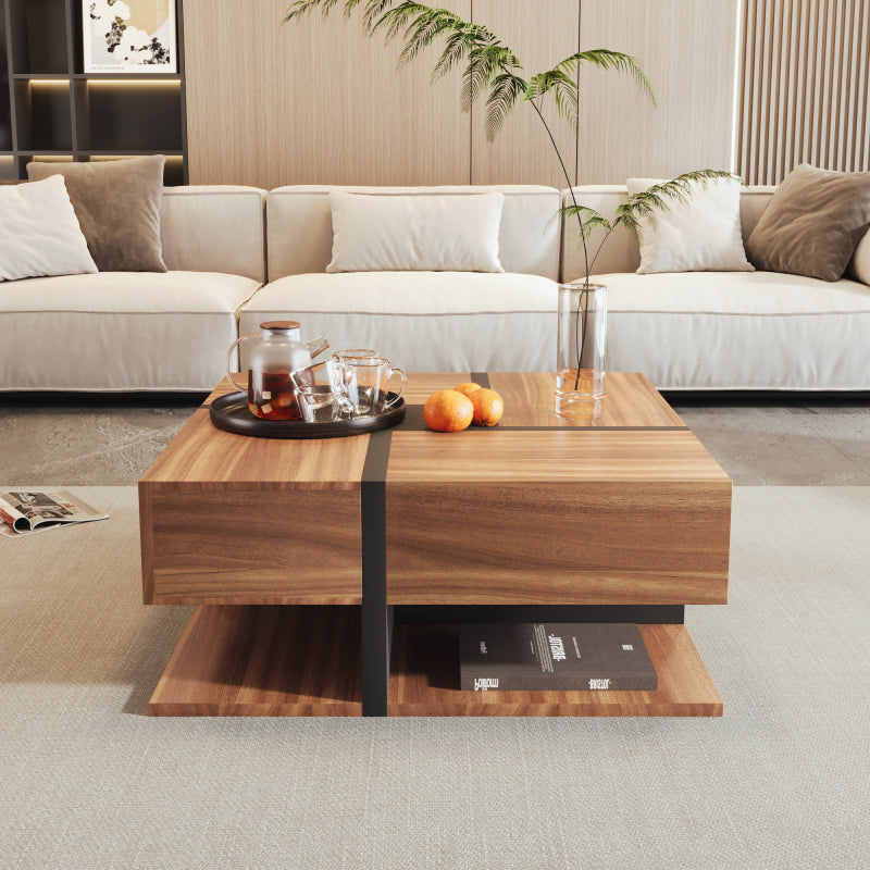 Couchtisch, Tisch mit 4 Schubladen, einzigartige Farbabstimmung und Liniendesign, Stauraum unten. 78*78*36cm