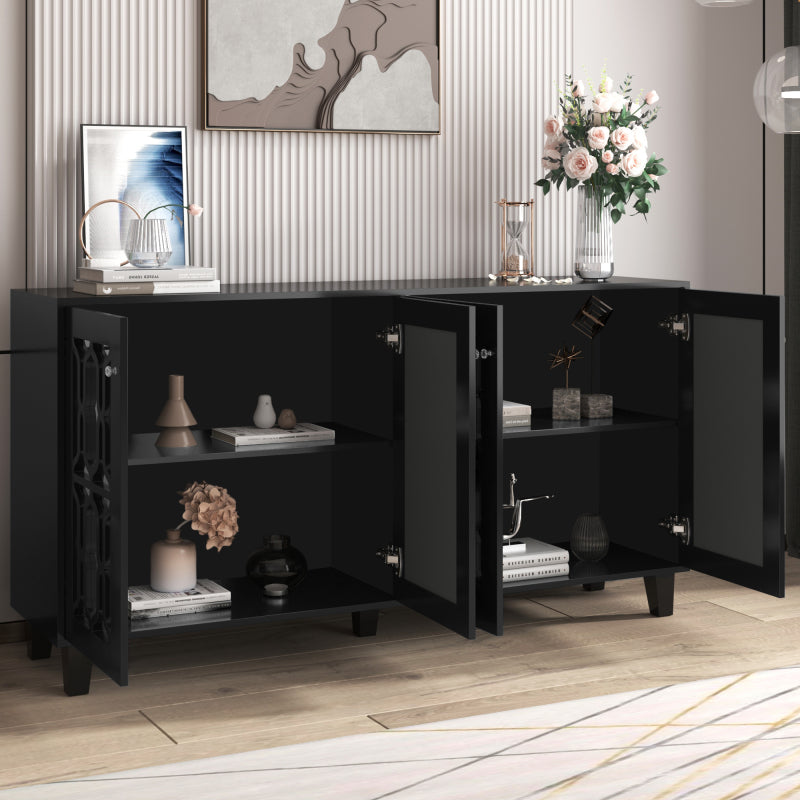 Schwarz verspiegelte Anrichte mit kühlen Kristallgriffen, Vier Türen, mit beweglichem Laminat.für Wohn- und Esszimmer, 160 x 40 x 84cm
