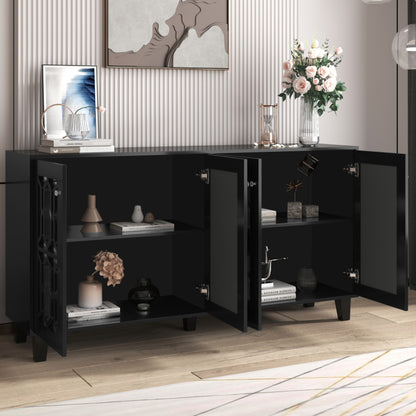 Schwarz verspiegelte Anrichte mit kühlen Kristallgriffen, Vier Türen, mit beweglichem Laminat.für Wohn- und Esszimmer, 160 x 40 x 84cm