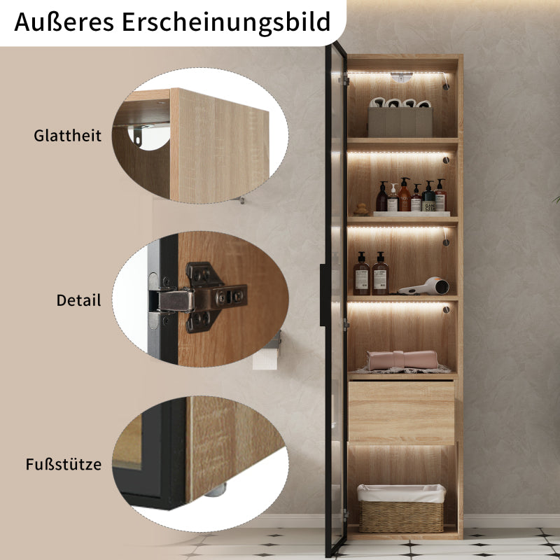 Badezimmerschrank, mittel, mit Lichtleiste, 40 cm breit, mit 1 großen Schubladen und 1 Türen, Glastür