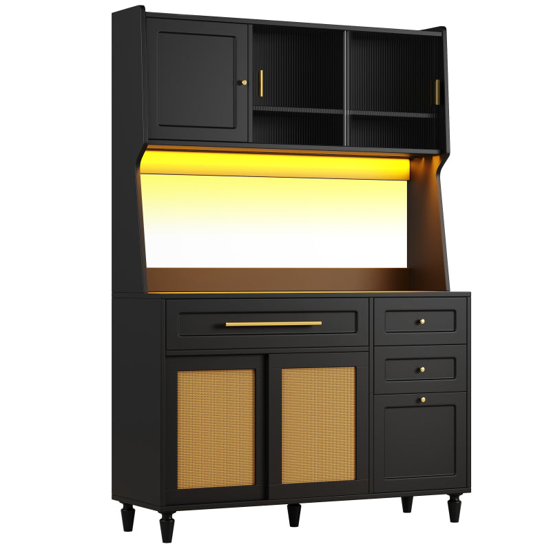 Küchenschrank, Esszimmerschrank mit 3 Schubladen,Sideboard mit LED-Beleuchtung, PE-rattan, schwarz