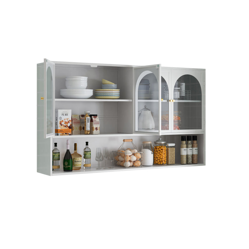 120CM Four-door Glass Wall Cabinet Storage, Wall-mounted,Suitable for Kitchen, Living Room, Bathroom (White)