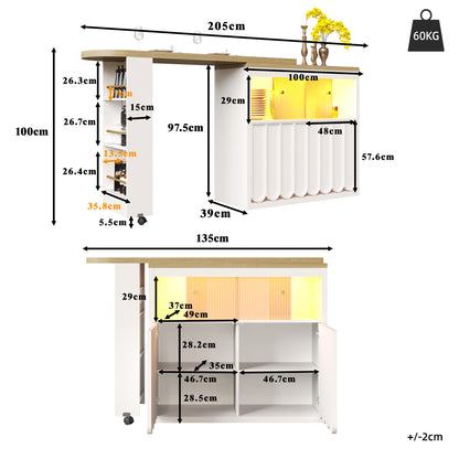 Ausziehbarer Bartisch 135-205cm mit LED & USB, Mobiler Hochtisch Weiß, Teleskop-Kücheninsel mit Glas-Schiebetür & Soft-Close, Gestreift