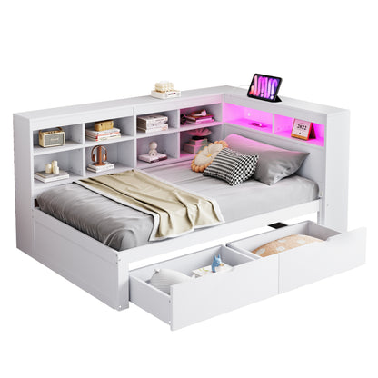 Massivholz-Einzelbett 90x200 Weiß mit LED & USB-Steckdose - Multifunktionales Schlafsofa mit Regalen, Ablagefächern & viel Stauraum, Weiß