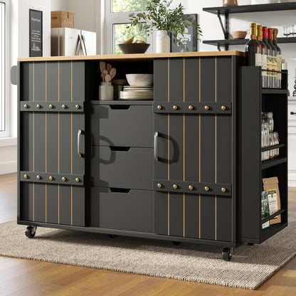 Küchenschrank, Servierwagen mit Holzmaserung, Küchenwagen mit rollen und arbeitsplatte, Küchenwagen mit Gewürzregal und Handtuchhalter, Kücheninsel mit Schiebetüren und Schubladen, schwarz