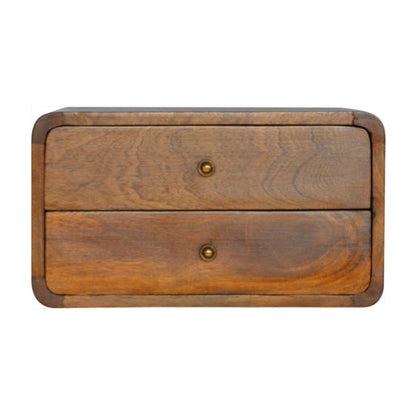 Schwebender Nachttisch aus massivem Mangoholz – Kastanienbraun, Curved Design, 2 Schubladen, Handgefertigt, Wandmontage, 45x32x25 cm