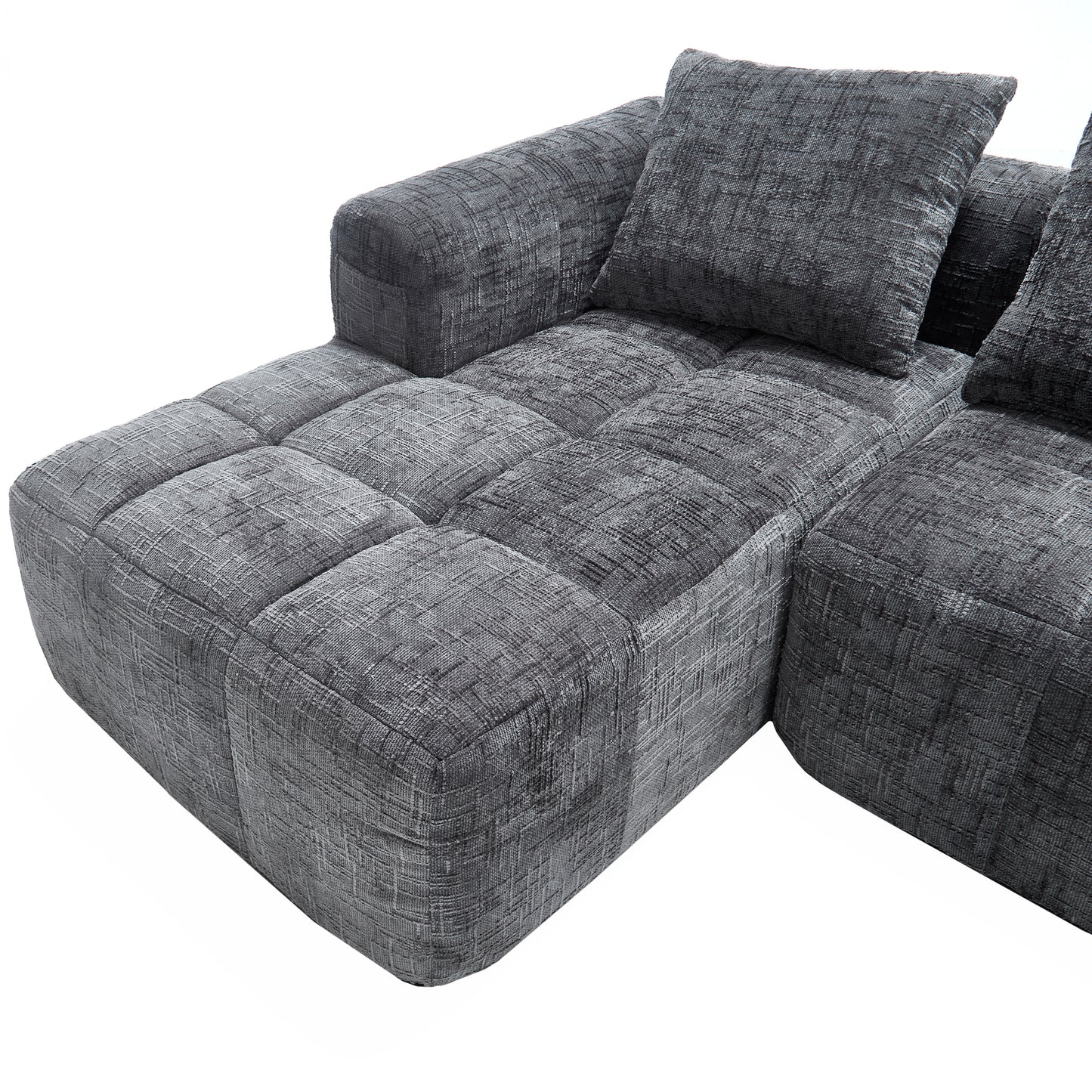 Modernes Sektionssofa, L-Sofa, 3-Sitzer-Sofa, keine Installation erforderlich, Chenille-Sofa mit Chaiselongue und Armlehnen, 3 Kissen, Seitentasche für Fernbedienung, Grau