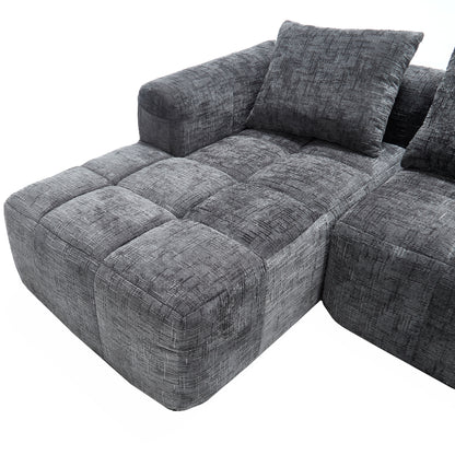 Modernes Sektionssofa, L-Sofa, 3-Sitzer-Sofa, keine Installation erforderlich, Chenille-Sofa mit Chaiselongue und Armlehnen, 3 Kissen, Seitentasche für Fernbedienung, Grau