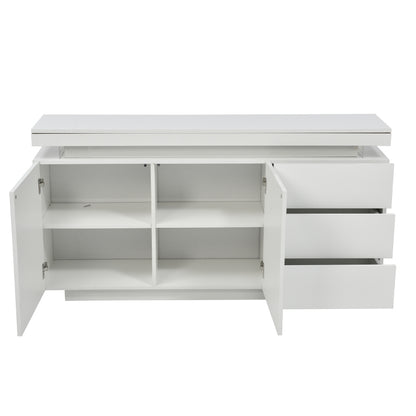 Sideboard Schrank Modern Wohnzimmer Beistellschrank Standschrank Kommode Highboard Anrichte Möbel 2 Türen 3 Schubladen Hochglanz Sideboard mit LED Licht Grifflose 140x35x72.5cm - Weiß