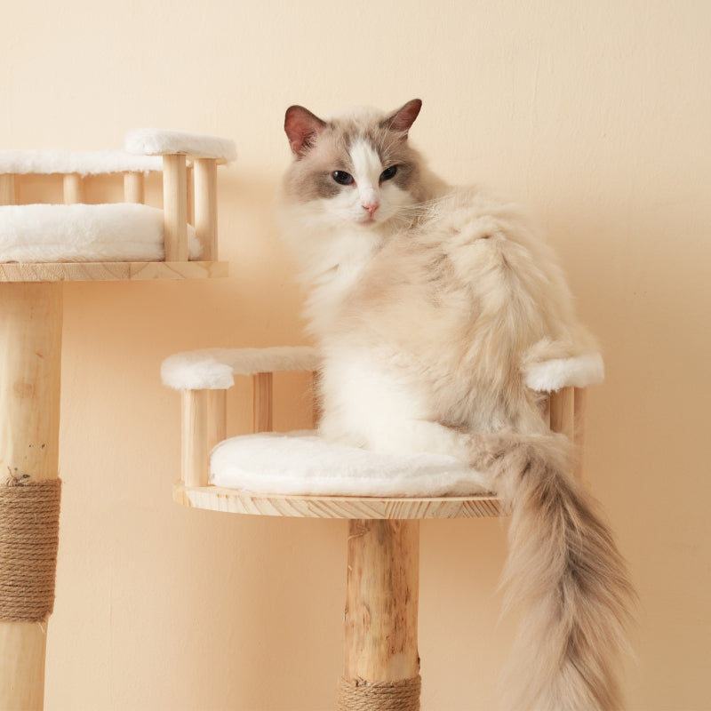 Designer Katzenklettergerüst aus Massivholz - 98 cm hoch, 3-stufiges Sprungbrett, abnehmbare Kissen und Spielbälle, Wolkenoptik-Imitation - Natürlich, umweltfreundlich, nachhaltige Nutzung, Katzenklet