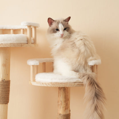 Designer Katzenklettergerüst aus Massivholz - 98 cm hoch, 3-stufiges Sprungbrett, abnehmbare Kissen und Spielbälle, Wolkenoptik-Imitation - Natürlich, umweltfreundlich, nachhaltige Nutzung, Katzenklet